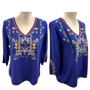 NWT Solitaire royal blue boho embroidered peasant blouse